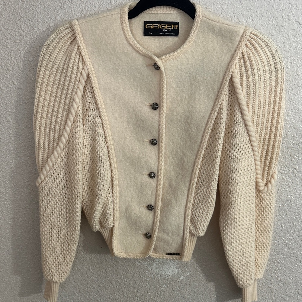 Geiger Austria women’s boiled wool cardigan jacket cream cable knit size 34